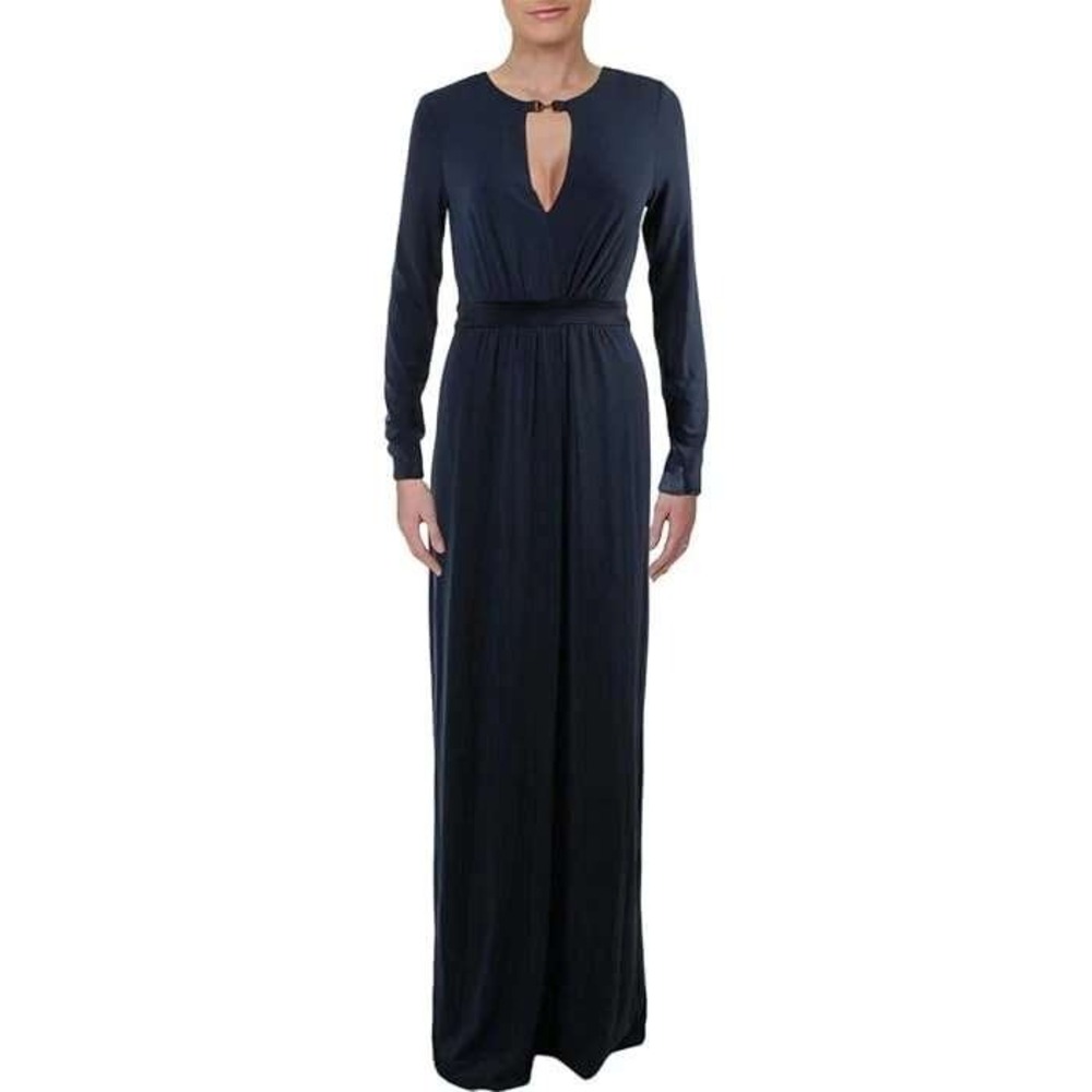 Halston Heritage Navy Blue‎ Long Sleeve Maxi Dress Gold Hardware Detail XS NWT